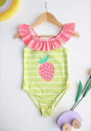 Cg Kids Kız Çocuk Fırfır Yaka Arkası Çapraz Yeşil Çizgili Pembe Çilek Desen Detaylı Mayo Bikini