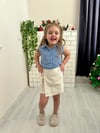 Cg Kids Mavi Dikey Çizgili Pamuk ve Keten Kız Çocuk Etek Görünüm Şortlu Alt Üst Takım