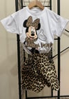 Cg Kids Minnie Mouse Yıkamalı Ince Leopar Desenli Kot Şort Alt Üst Takım Kız Çocuk