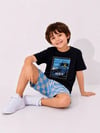 Cg Kids Palmiye Baskılı Siyah T-Shirt ve Damalı Şortlu Erkek Çocuk Alt Üst Takım - Pamuklu Yazlık Çocuk Kombini