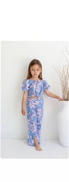 Cg Kids Pembe Mavi Çiçek Desen Keten Kız Çocuk Alt Üst Takım