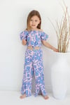 Cg Kids Pembe Mavi Çiçek Desen Keten Kız Çocuk Alt Üst Takım