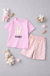 Cg Kids Rabbit Tavşan Baskılı Tshirt & Damalı Şort Pembe Alt Üst Takım Süper Kalite