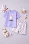 Cg Kids Rabbit Tavşan Baskılı Tshirt & Damalı Şort Lila Alt Üst Takım Süper Kalite