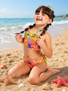 Cg Kids Renkli Desenli Fırfırlı Boyundan Bağlamalı Kız Çocuk Bikini Takım