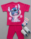 Cg Kids Stitch Kız Çocuk Tshirt Fitilli Tayt Şortlu Alt Üst Takım Sırt Baskı Detaylı
