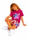 Cg Kids  Stitch ve Angel Kız Çocuk Baskılı Çizgili Şortlu Takım - Fuşya / Mürdüm