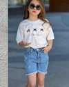 Cg Kids To Be Baskılı Nakışlı Kurdele Fiyonk Etek Görünümlü Kot Şort Taşlı Fiyonk Kız Çocuk Alt Üst Takım