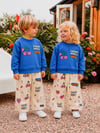 Cherry Wheels Kaykay & Kiraz Baskılı Mavi Sweatshirt Krem Desenli Eşofman Altı Unisex İkili Takım