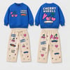 Cherry Wheels Kaykay & Kiraz Baskılı Mavi Sweatshirt Krem Desenli Eşofman Altı Unisex İkili Takım