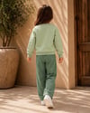 Çiçek Desenli Kabartma Flower Yazılı Mint Yeşili Sweatshirt ve Puantiye Baskı Detaylı Eşofman Alt ÜsTakım
