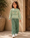 Çiçek Desenli Kabartma Flower Yazılı Mint Yeşili Sweatshirt ve Puantiye Baskı Detaylı Eşofman Alt ÜsTakım