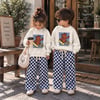 Cool Tricks Kaykaycı Ayı Baskılı Sweatshirt Mavi Beyaz Damalı Kareli Eşofman Alt Üst Takım