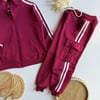 Dik Yaka Beyaz Şeritli Kargo Cepli Unisex Bordo Fermuarlı Eşofman Takım