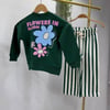 Flowers In Bloom Sırt Baskılı Zümrüt Yeşil Sweatshirt - Çizgili Ekru Eşofman Altı Kız Çocuk Alt Üst Takım