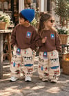 Gemili Baskılı Sweatshirt ve Çizgi Desenli Baskılı Kız&Erkek Çocuk Alt Üst 3ip Takım