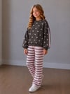 Kalp Desenli Nakışlı Şerit Detaylı Çizgili Pantolonlu Kız Çocuk Sweatshirt & Eşofman Altı Alt Üst Takım