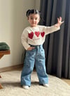 Kot Denim Lazer Kesim Kalpler ve Simli Baskı Kalpli Jean Kız Çocuk Takım