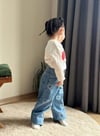 Kot Denim Lazer Kesim Kalpler ve Simli Baskı Kalpli Jean Kız Çocuk Takım
