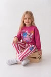 Love Baskılı Eşofman Çizgili Detaylı Kız Çocuk Sweatshirt & Eşofman Alt Üst Takım - Fuşya