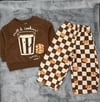 Milk & Cookies Baskılı Kahverengi Sweatshirt ve Kurabiye Baskılı Oversize Eşofman Altı Unisex 3İp Takım