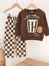 Milk & Cookies Baskılı Kahverengi Sweatshirt ve Kurabiye Baskılı Oversize Eşofman Altı Unisex 3İp Takım