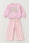 Milk Shake Baskılı Pembe Sweatshirt ve Desenli Eşofman Şeker Pembe 3ip Kız Çocuk Alt Üst Takım
