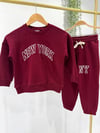 New York Yazı Baskılı Bordo Sweatshirt - Paçası Lastikli Nakışlı NY Eşofman Altı Alt Üst 3ip Takım