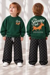 The Sausage Club Sosis Köpek Baskılı Yeşil Sweatshirt  Füme Gri Damalı Kareli Eşofman Altı Kız&Erkek Çocuk Takım