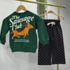 The Sausage Club Sosis Köpek Baskılı Yeşil Sweatshirt  Füme Gri Damalı Kareli Eşofman Altı Kız&Erkek Çocuk Takım