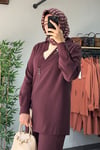 Tığ Triko Asimetrik Kesim 3lü Pantolonlu Takım Bordo