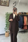 Tığ Triko Blazer Ceket Pantolonlu Takım Kahve