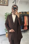 Tığ Triko Blazer Ceket Pantolonlu Takım Kahve