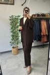 Tığ Triko Blazer Ceket Pantolonlu Takım Kahve