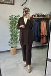 Tığ Triko Blazer Ceket Pantolonlu Takım Kahve