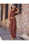 Halter Yaka Kolsuz Bluz Yüksek Bel Dokulu Pantolon İkili Takım