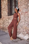 Halter Yaka Kolsuz Bluz Yüksek Bel Dokulu Pantolon İkili Takım