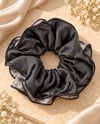 Siyah-Gri 4 Katmanlı Çiçek Desenli Fırfır Scrunchie Saç Tokası
