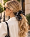 Siyah-Gri 4 Katmanlı Çiçek Desenli Fırfır Scrunchie Saç Tokası