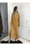 Kadın Hardal Naturel Pamuk Dokuma Kolları Ayarlanabilir Uzun Elbise
