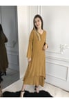 Kadın Hardal Naturel Pamuk Dokuma Kolları Ayarlanabilir Uzun Elbise