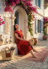 Kadın Kırmızı Ay Kol Patchwork Naturel Elbise