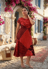 Kadın Kırmızı Ay Kol Patchwork Naturel Elbise