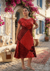 Kadın Kırmızı Ay Kol Patchwork Naturel Elbise