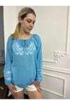 Kadın Mavi Nakışlı Uzun Kollu Organik Pamuk Bluz