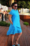 Kadın Mavi Petek Dokulu Dantel Detaylı Naturel Pamuk Elbise