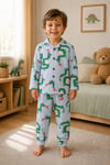  Erkek çocuk yeşil dinazorlar basklı gömlek yaka düğmeli pijama takımı