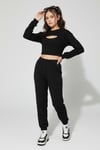 Kız Çocuk Siyah Waffle Örme 3 Parça Alt Üst Takım - Uzun Kollu Crop ve Boru Paça Jogger