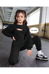 Kız Çocuk Siyah Waffle Örme 3 Parça Alt Üst Takım - Uzun Kollu Crop ve Boru Paça Jogger