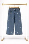 Kız Çocuk Nakışlı Jean Pantolon Bol Paça Rahat Kalıp Günlük Denim Pantolon